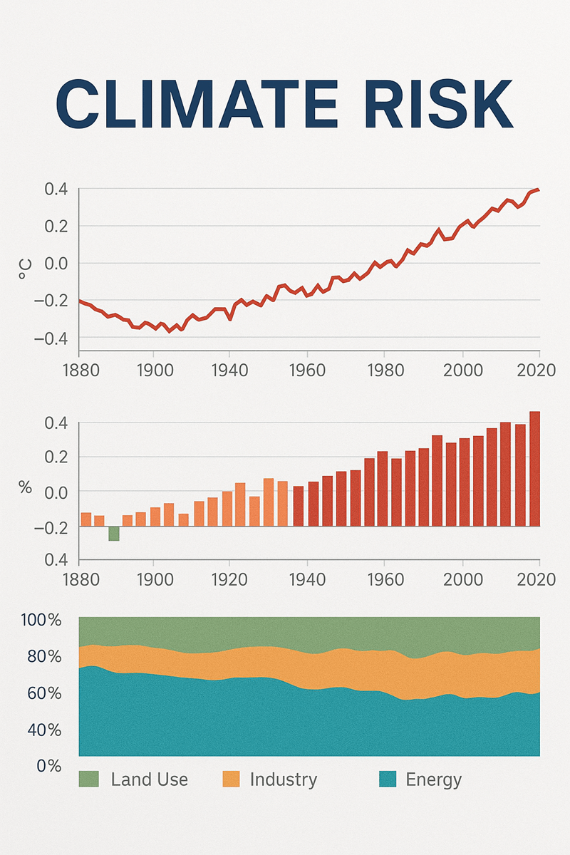Sample Climate risk data visualization showing temperature trends and emissions sources